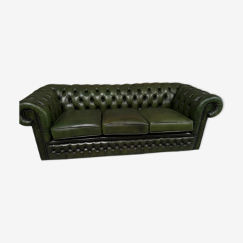3-seater green leather Chesterfield sofa