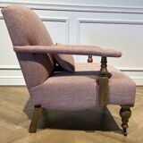 Wooden and red chevron fabric armchair with casters