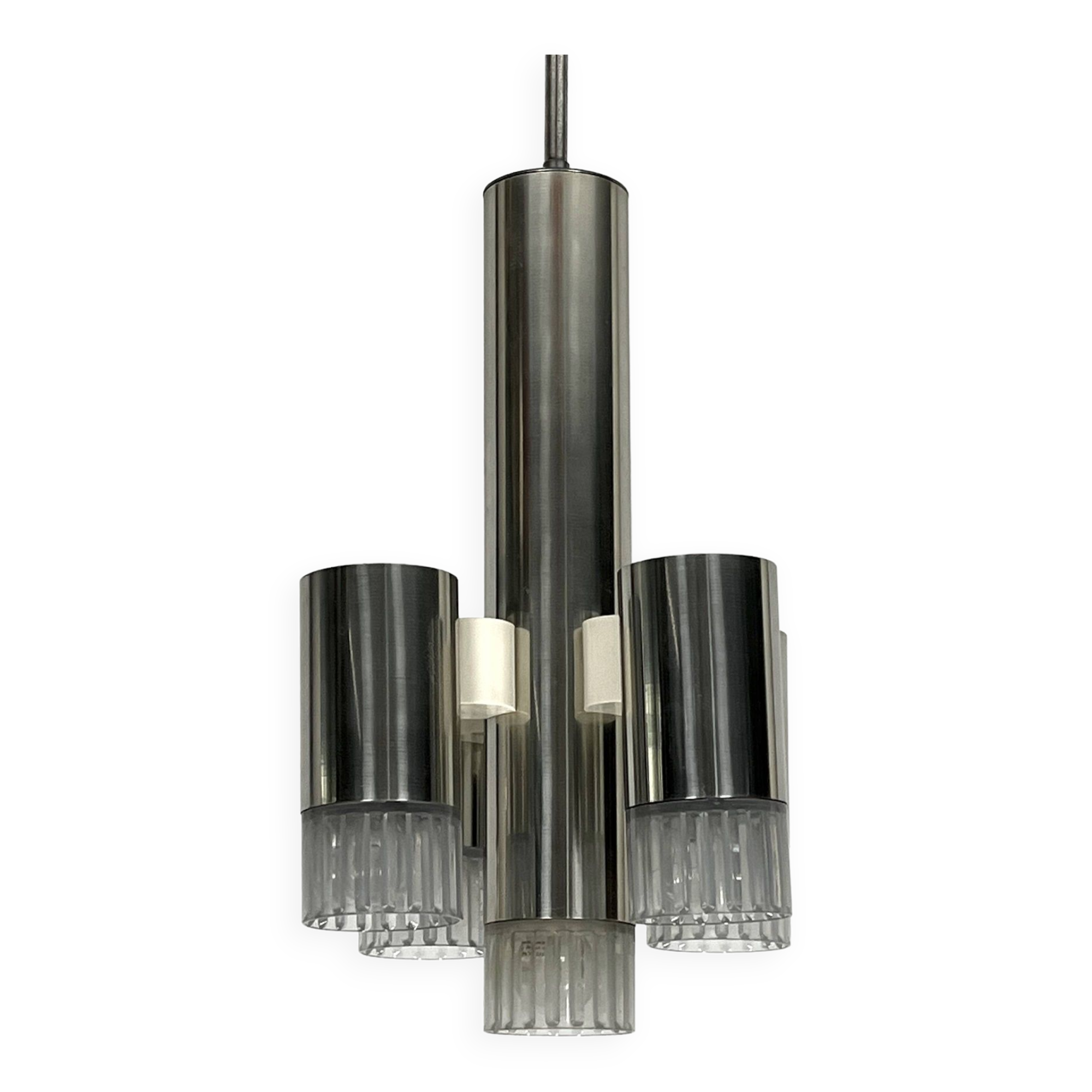 Sciolari geometric chrome and plexiglass 5 lights chandelier. Italy 1970s