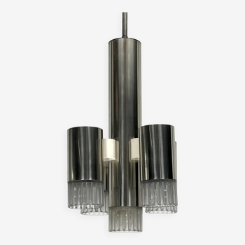 Sciolari geometric chrome and plexiglass 5 lights chandelier. Italy 1970s