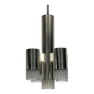 Sciolari geometric chrome and plexiglass 5 lights chandelier. Italy 1970s