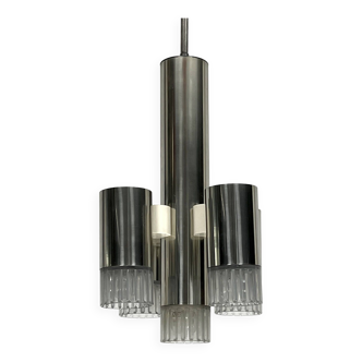 Sciolari geometric chrome and plexiglass 5 lights chandelier. Italy 1970s