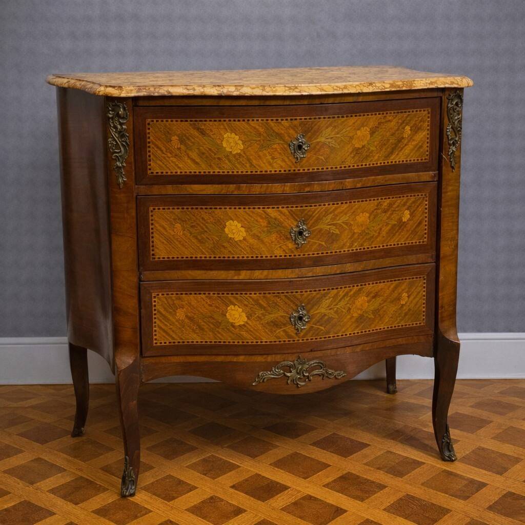 Lady's curved commode in Louis XV style, inlaid with marble – 19th century