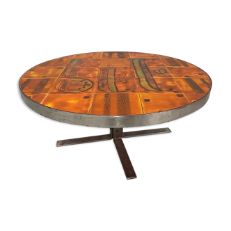 Table basse ronde vintage en acier et céramique années 70