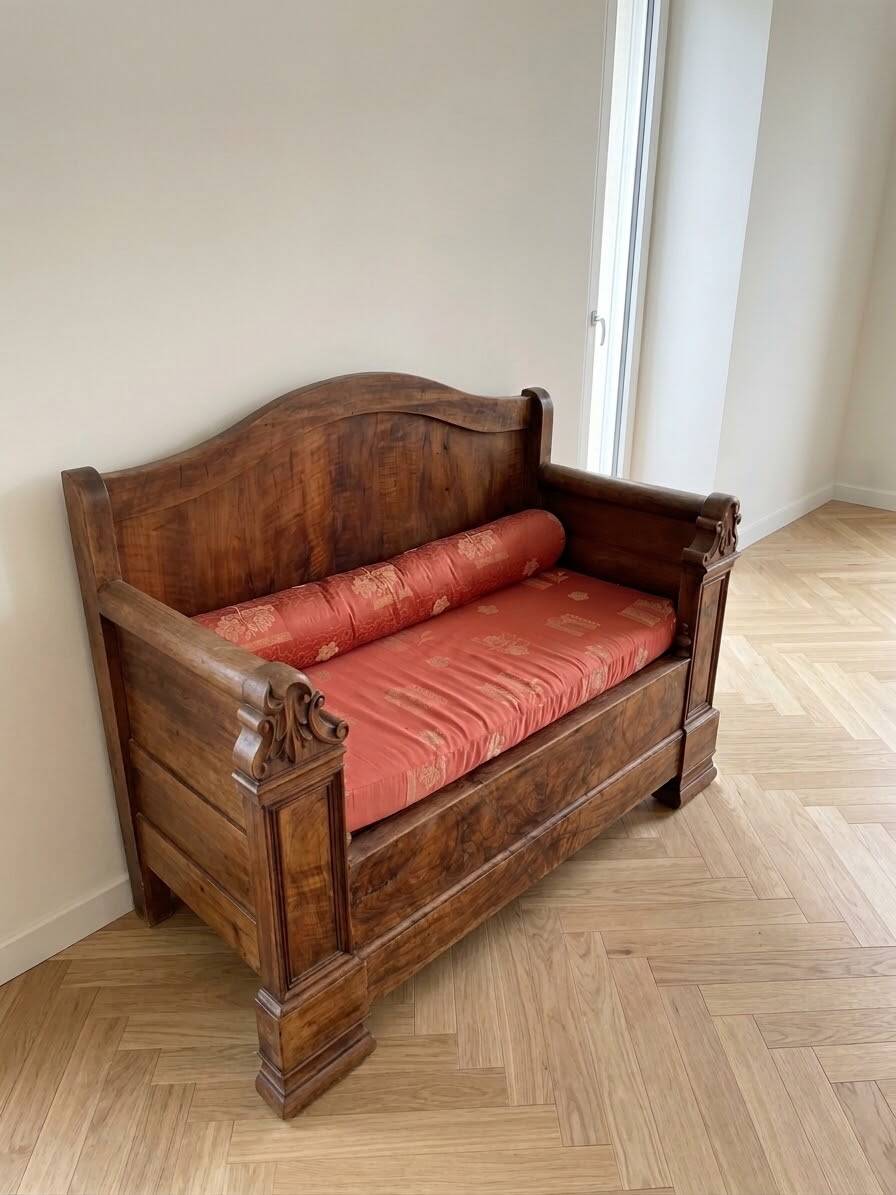 Traditional two-seater bench in solid wood with storage compartment.