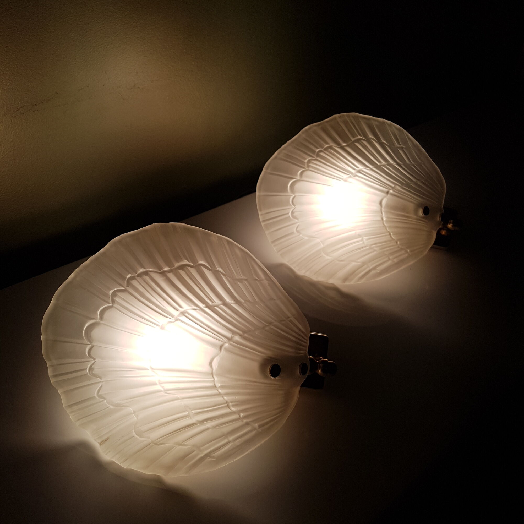 Pair of shell appliques in squeezed pressed glass and golden steel 1970