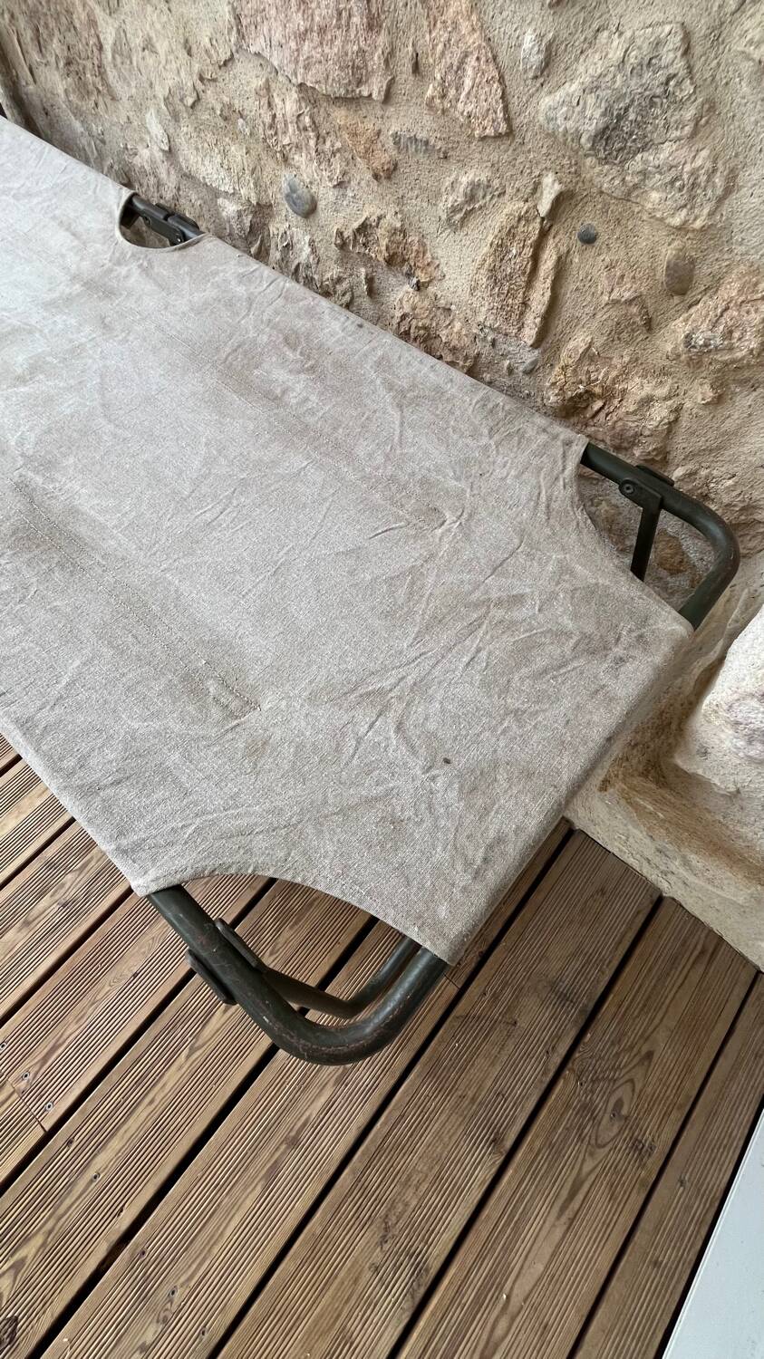 Antique folding military camp bed – khaki green canvas and metal