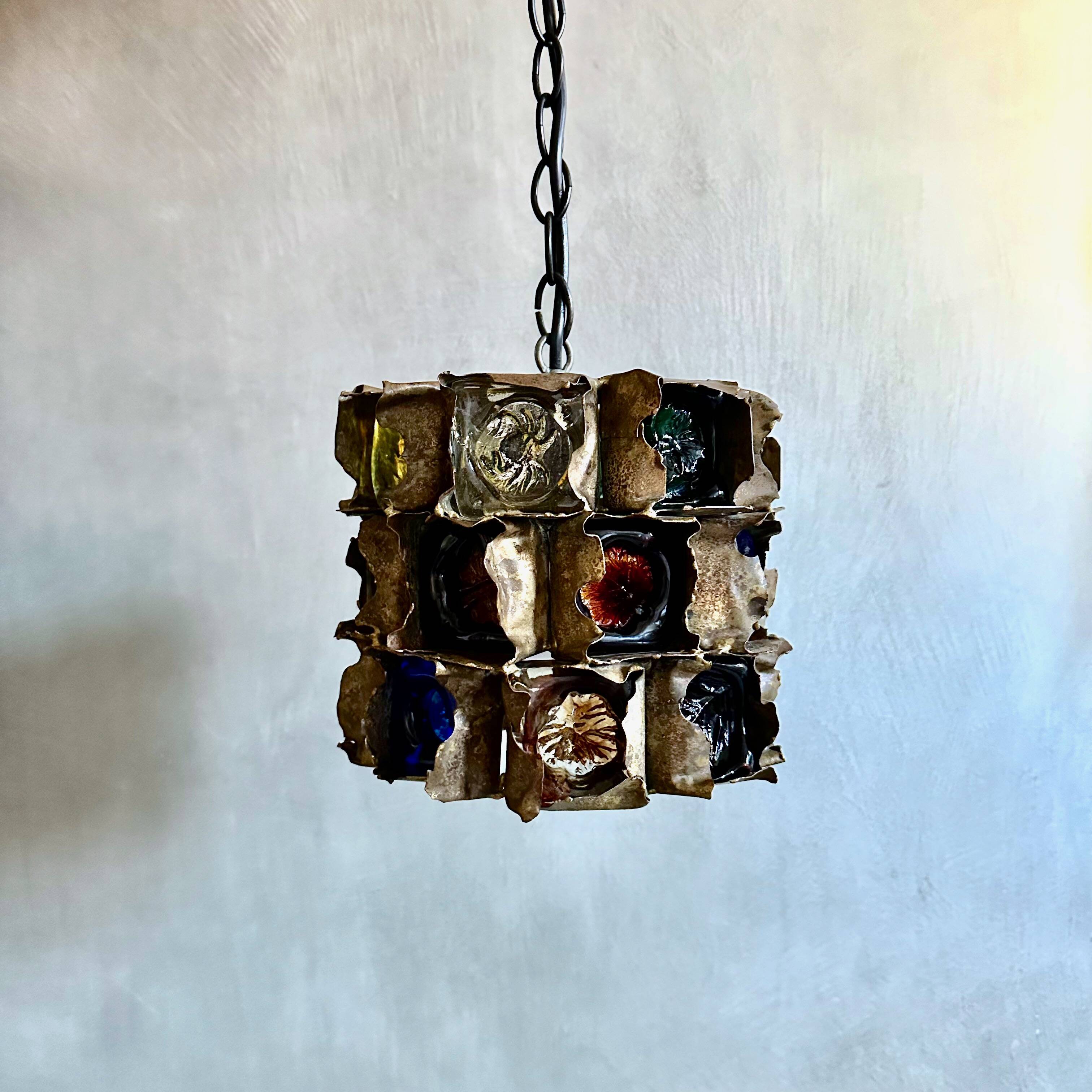 Brutalist Pendant Lamp by Felipe Delfinger in Metal and Colored Glass, 1970