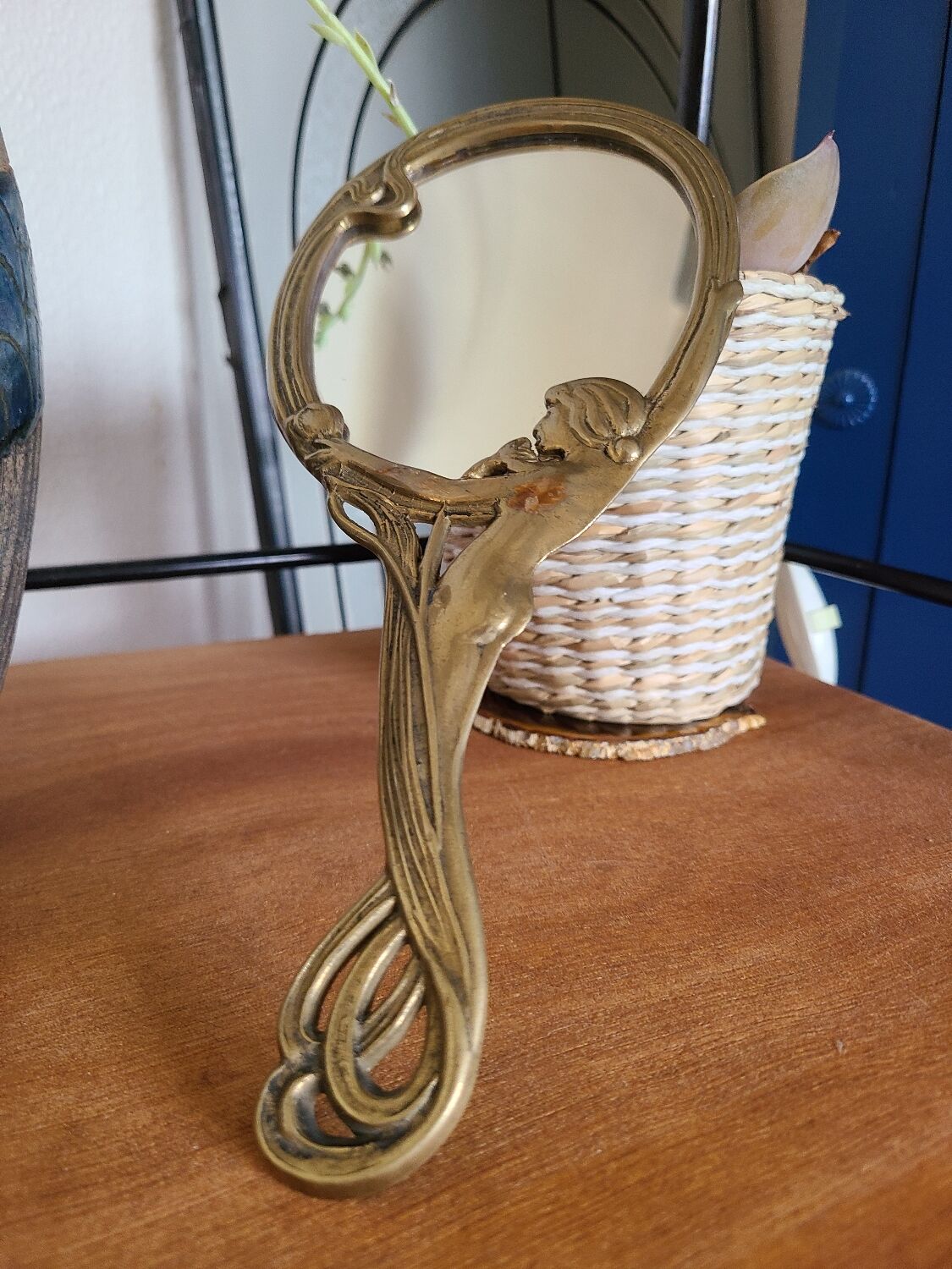 Old bronze mirror by hand, art deco woman's nude