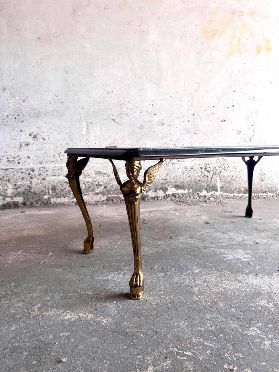 Vintage Dark Green Marble Coffee Table with Gilded Metal Ornate Legs, Mid-Century