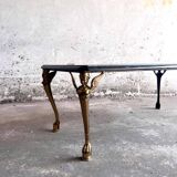 Vintage Dark Green Marble Coffee Table with Gilded Metal Ornate Legs, Mid-Century