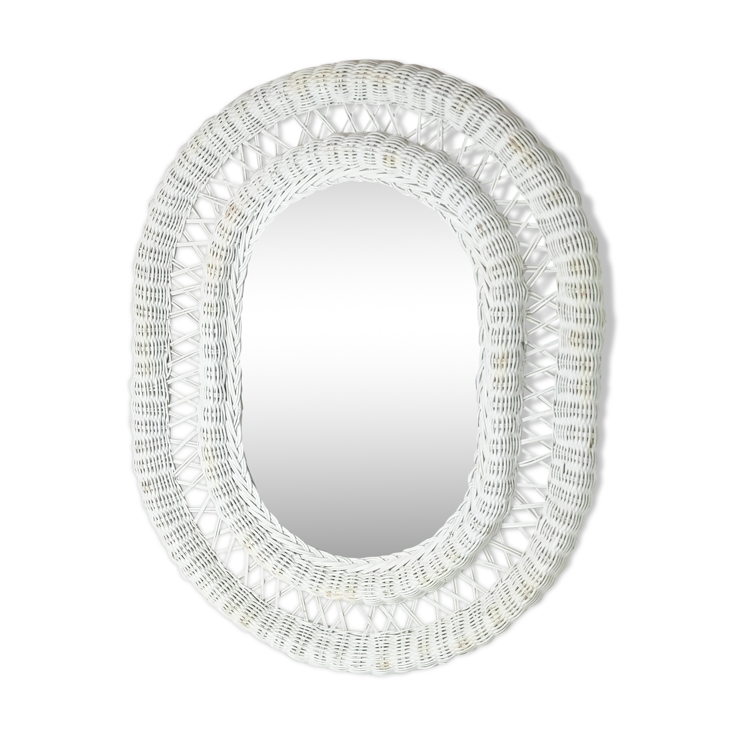 Large framed white wicker mirror 1970s  57x72cm