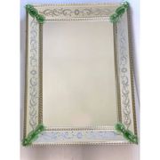 Miroir rectangulaire en verre de Murano vénitien avec sculpture florale verte réalisée à la main