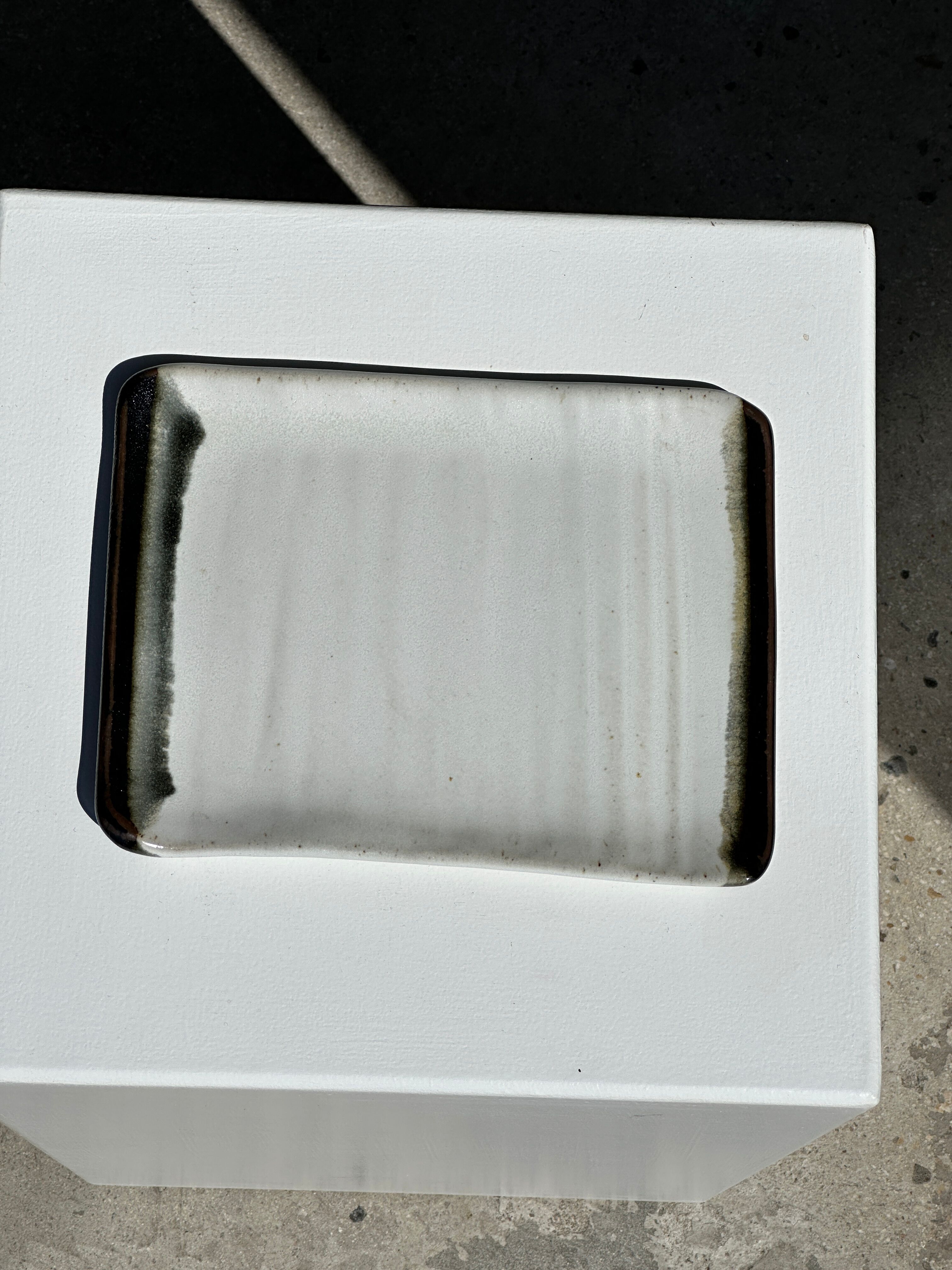 Trio of small rectangular serving dishes white and black Indonesian ceramic 21x16