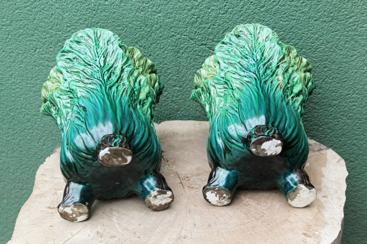 Pair of slip pot covers, cabbage leaves