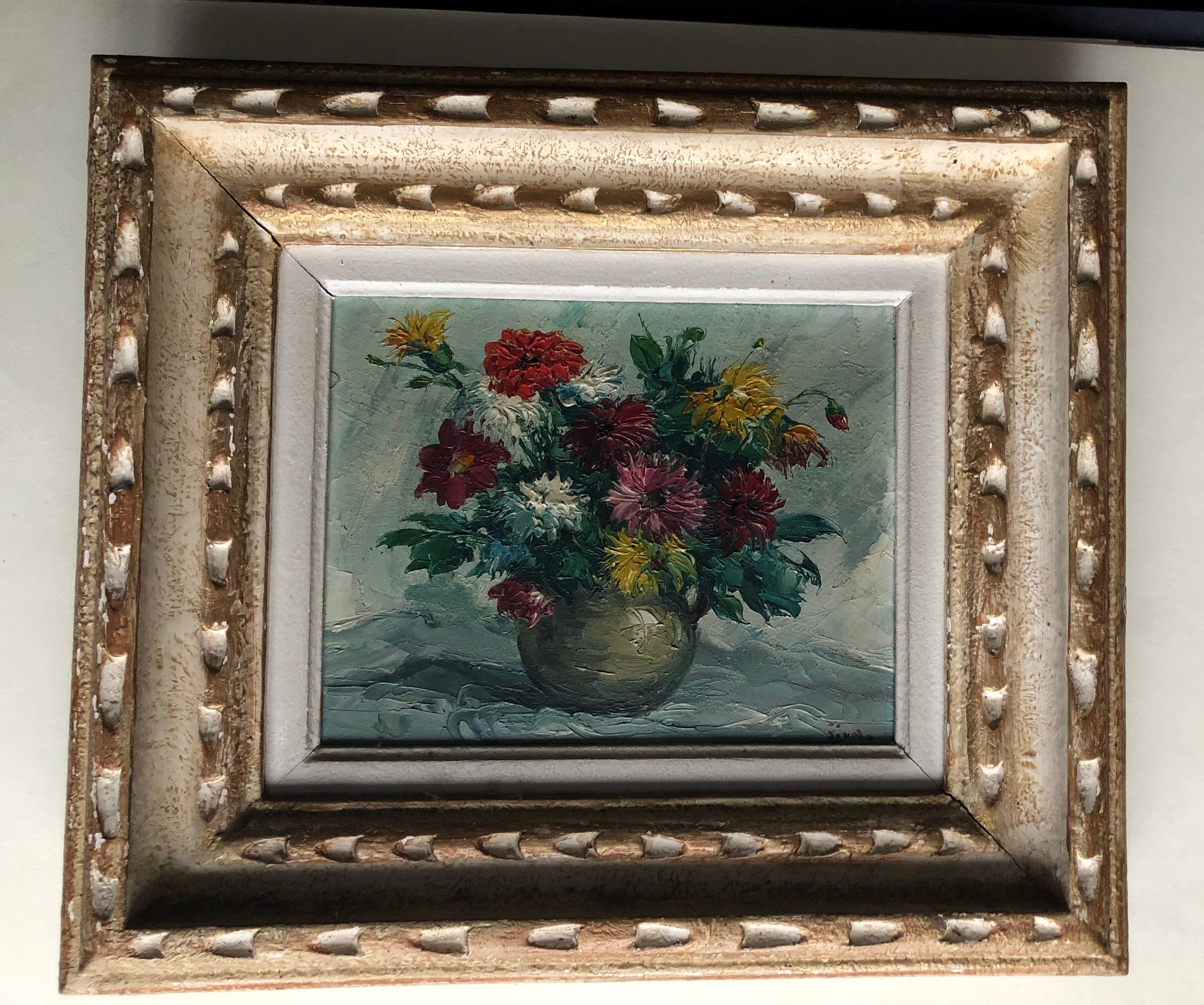 Oil on canvas, still life with dahlias