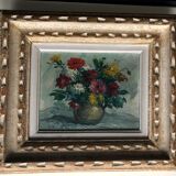 Oil on canvas, still life with dahlias