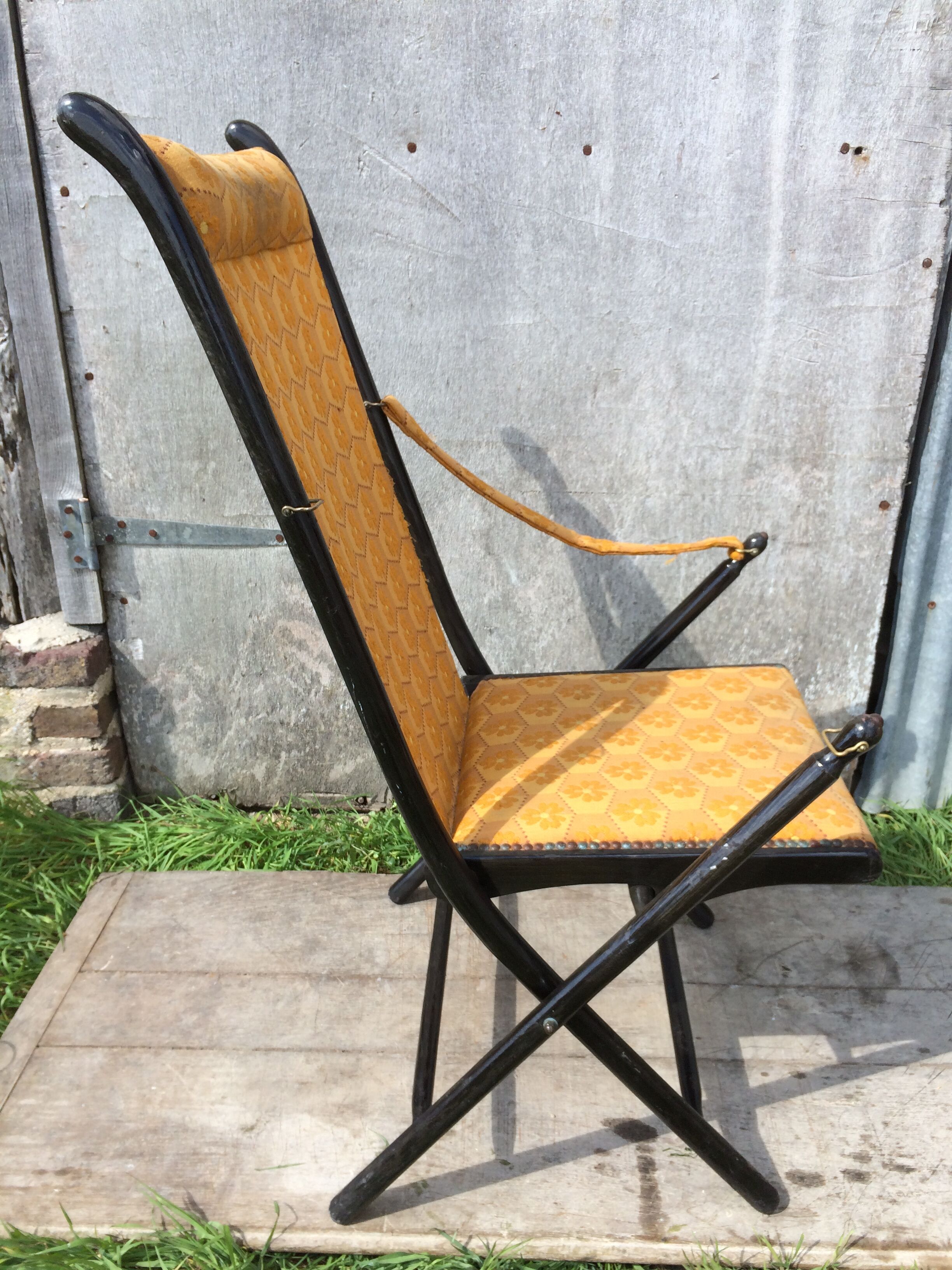 Napoleon III folding chair armchair black wood & vintage yellow fabric