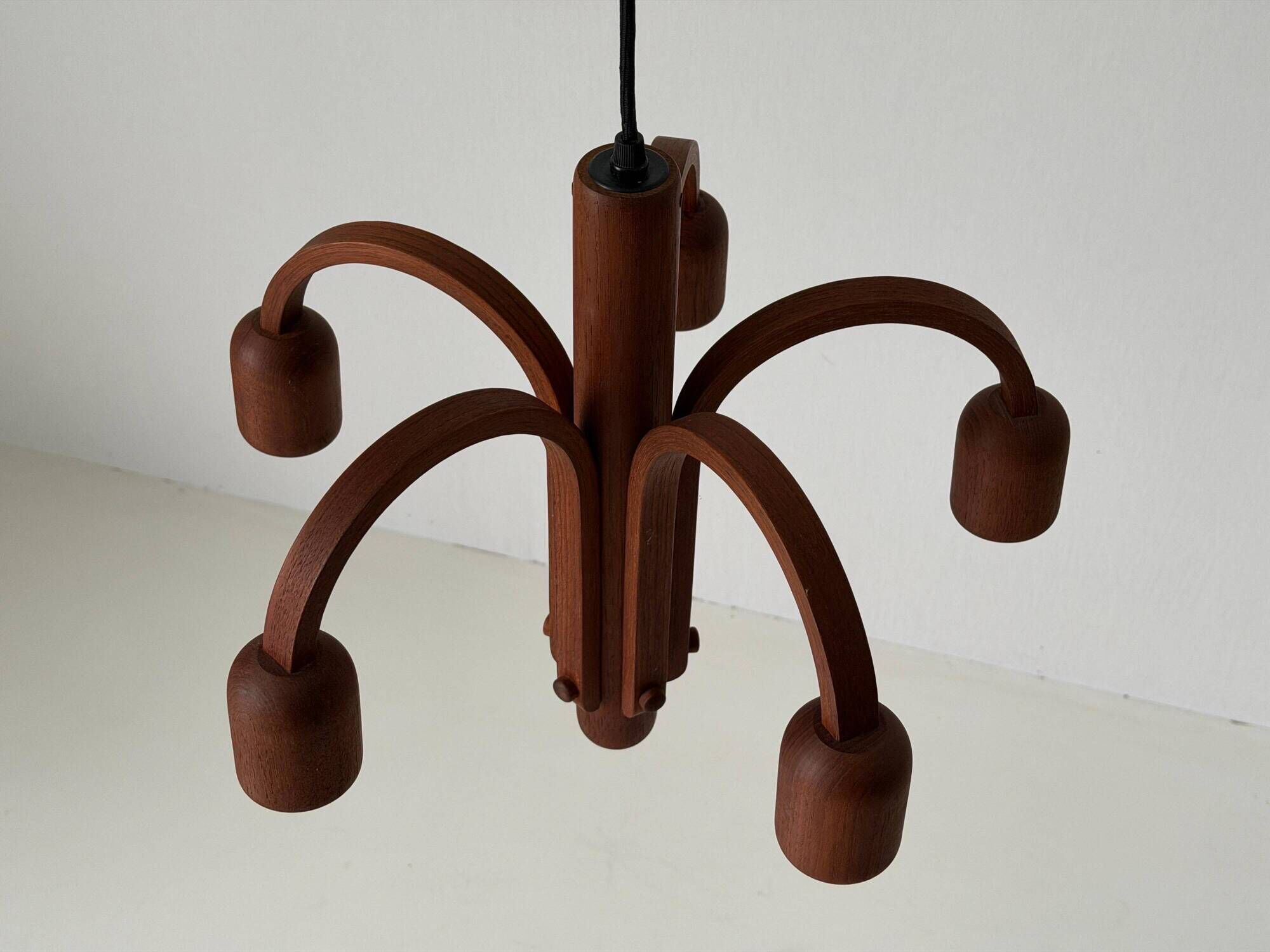 Suspended Sputnik counterweight lamp with 5 arms in teak by Domus, 1970s, Italy.
