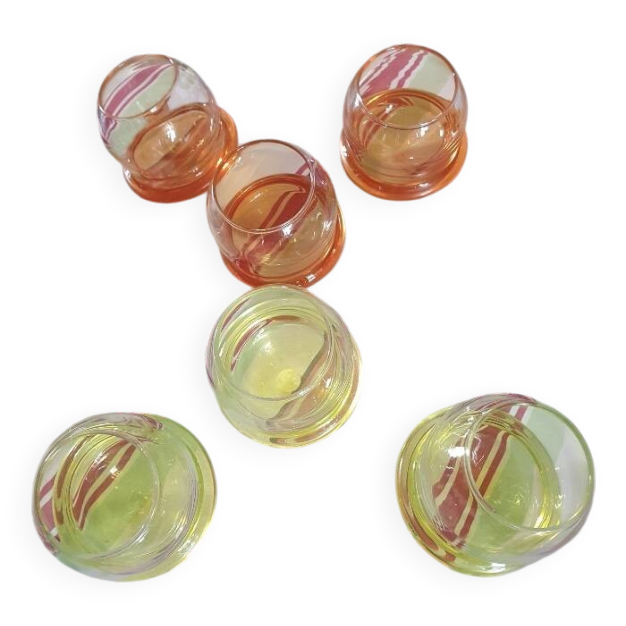 6 Glasses with the name Culbuto in 3 orange colors and 3 lemon yellow colors