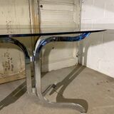 Design dining table year 70 in chrome and smoked glass