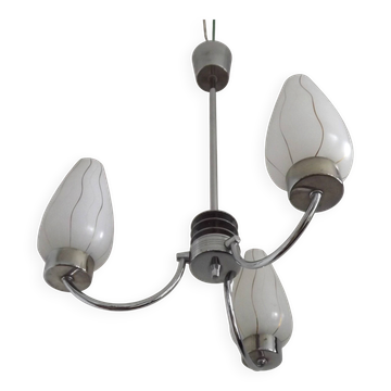 French Vintage Retro 3 Light Silver Metal Chandelier Pattern Glass Shades