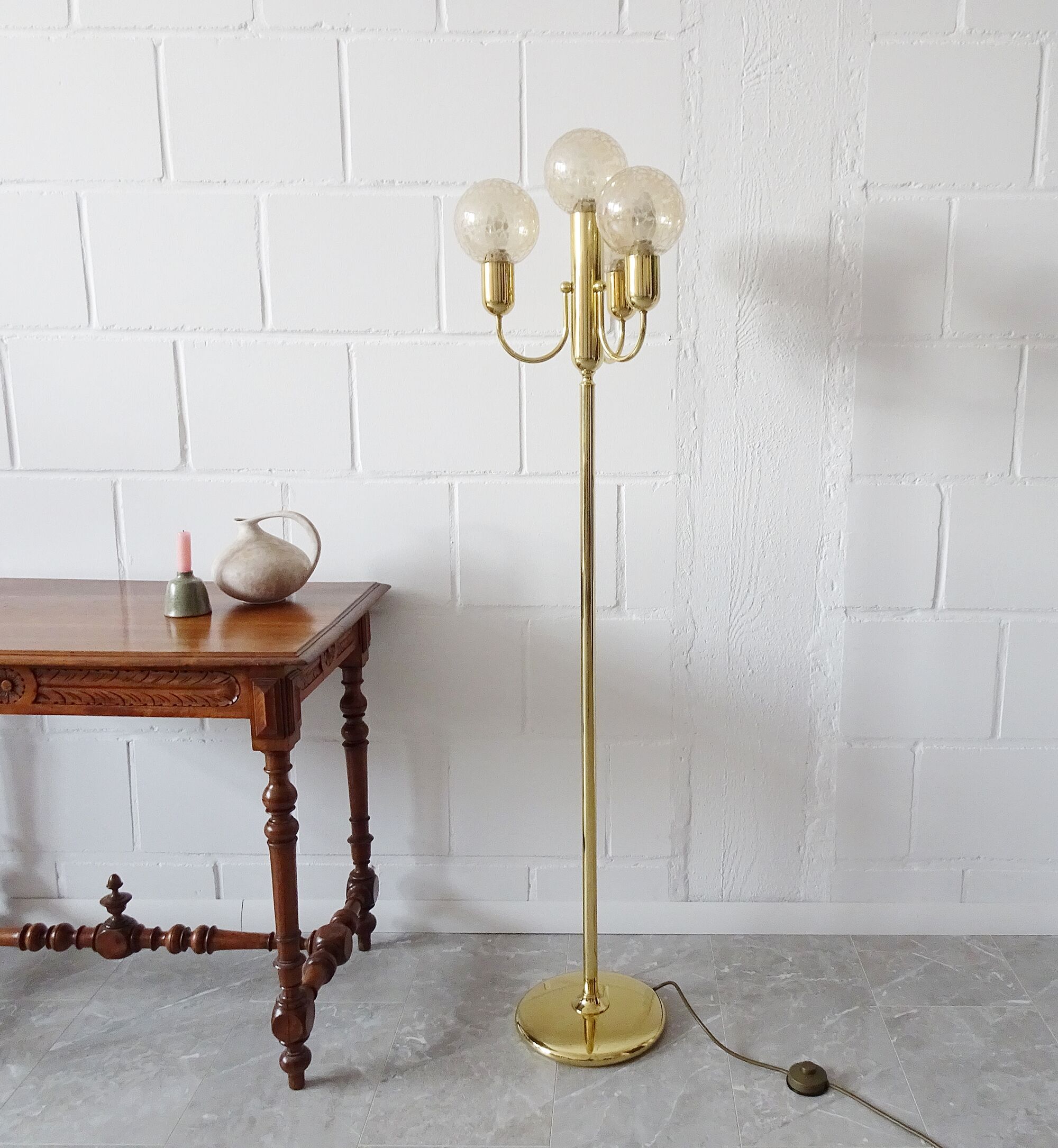 large golden floor lamp by Sölken Leuchten with four glass spheres, Mid Century floor lamp