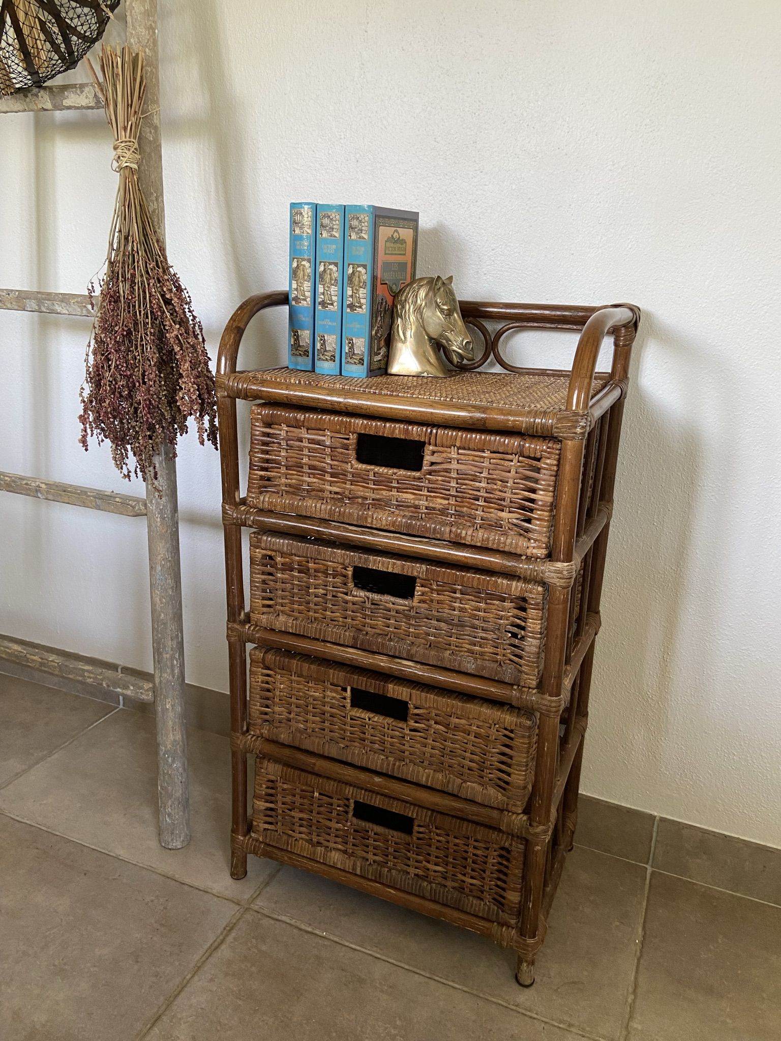Cabinet / chest of drawers 4 drawers in rattan & vintage bamboo
