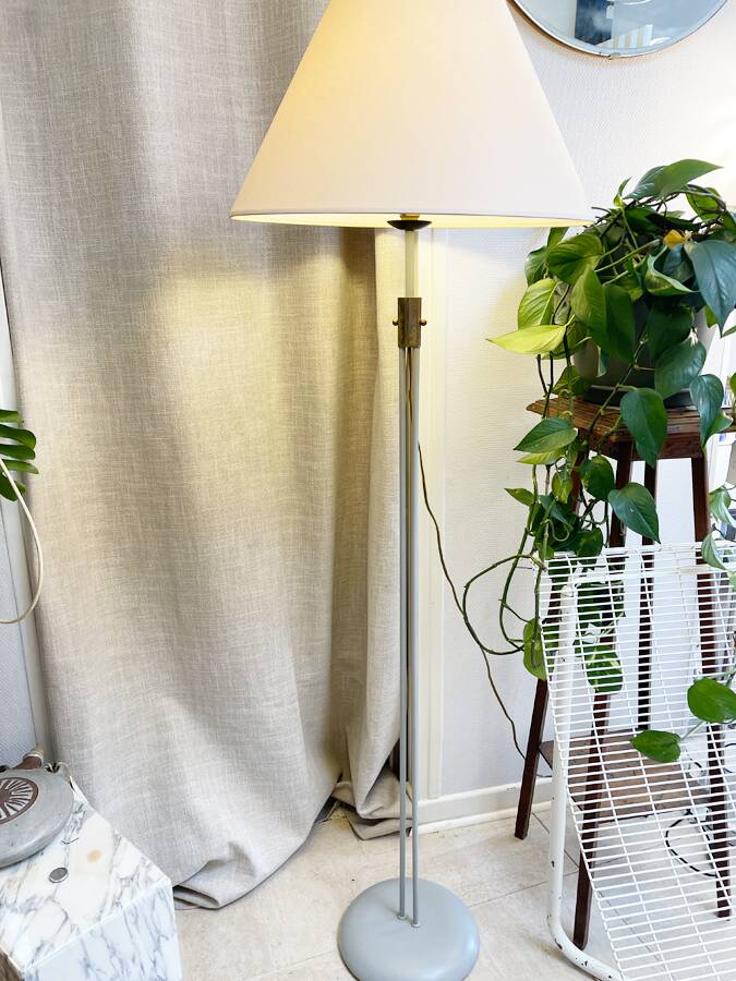Tubular floor lamp in blue-grey metal and brass, 1930