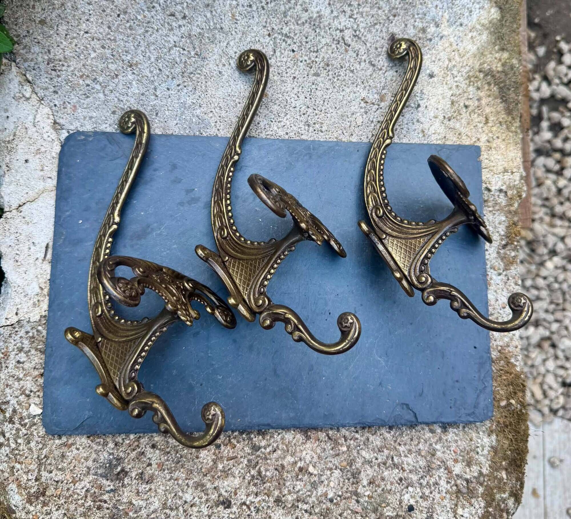 3 vintage Italian baroque brass coat hooks