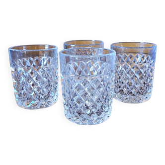 4 Verres whisky vintage en verre ciselé pointe de diamant