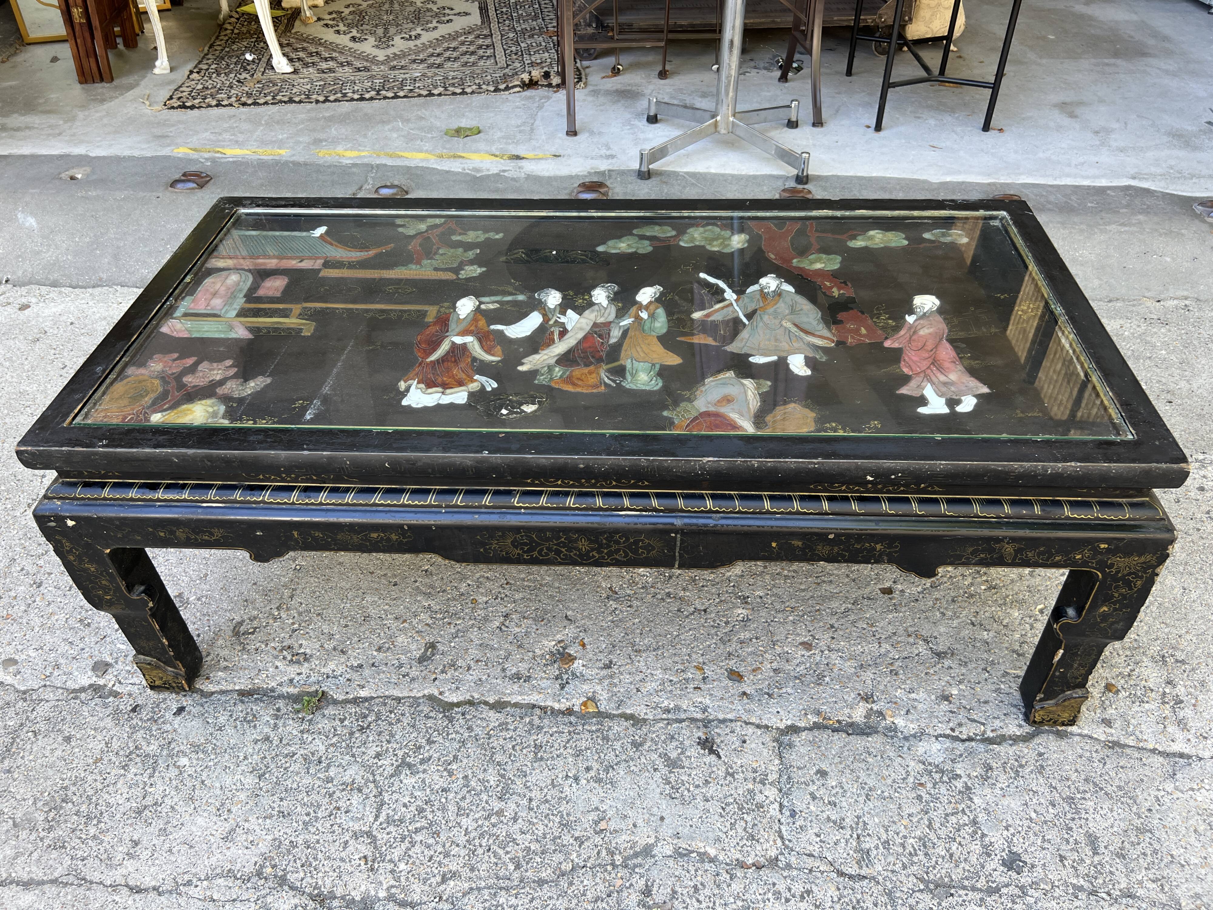 Chinese coffee table with mother-of-pearl and ivory stone inlays