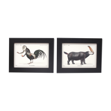 Set of 2 framed chimera lithograph animal engraving