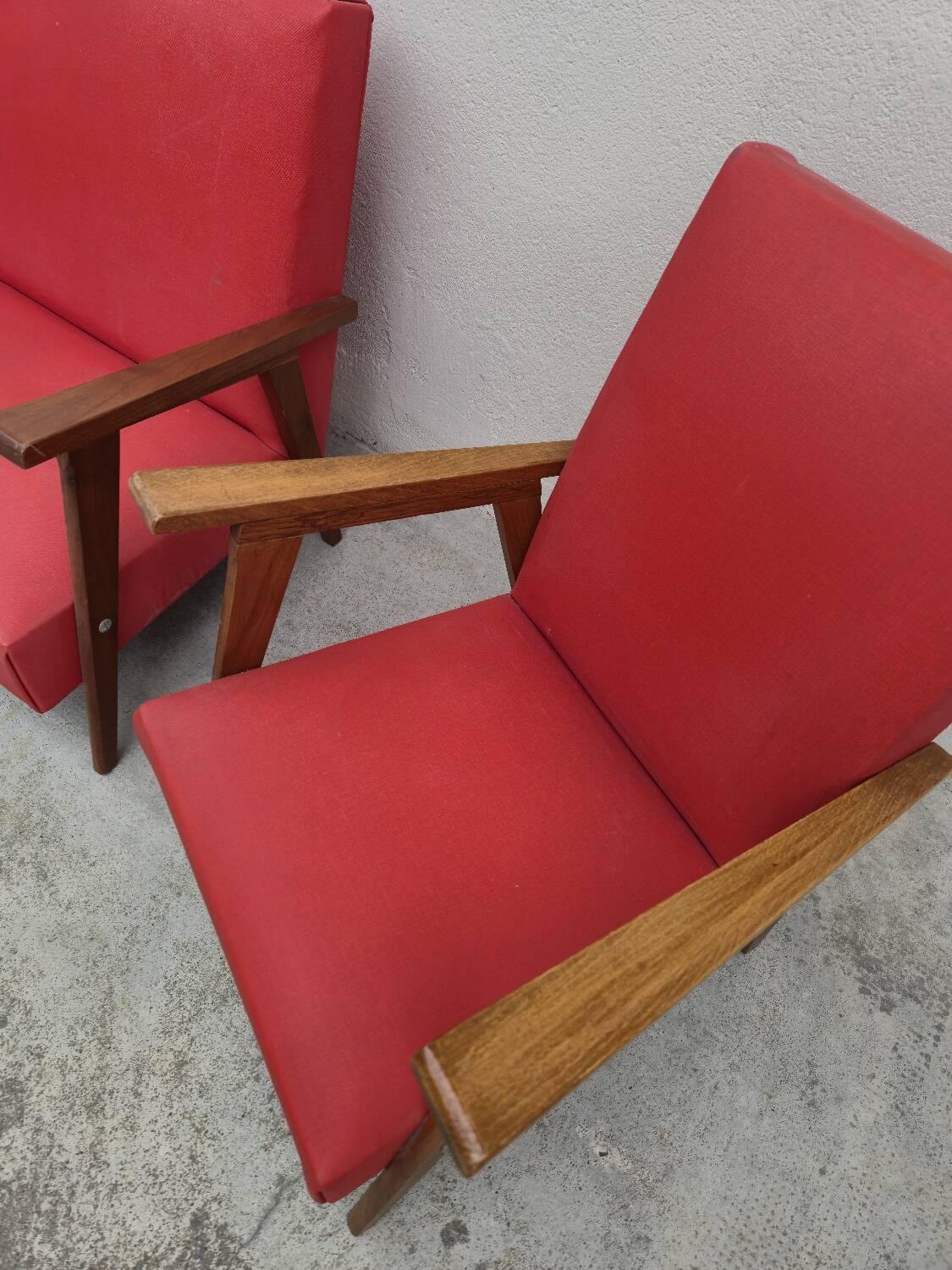 Vintage 1950s children's sofa and two armchairs with compass feet