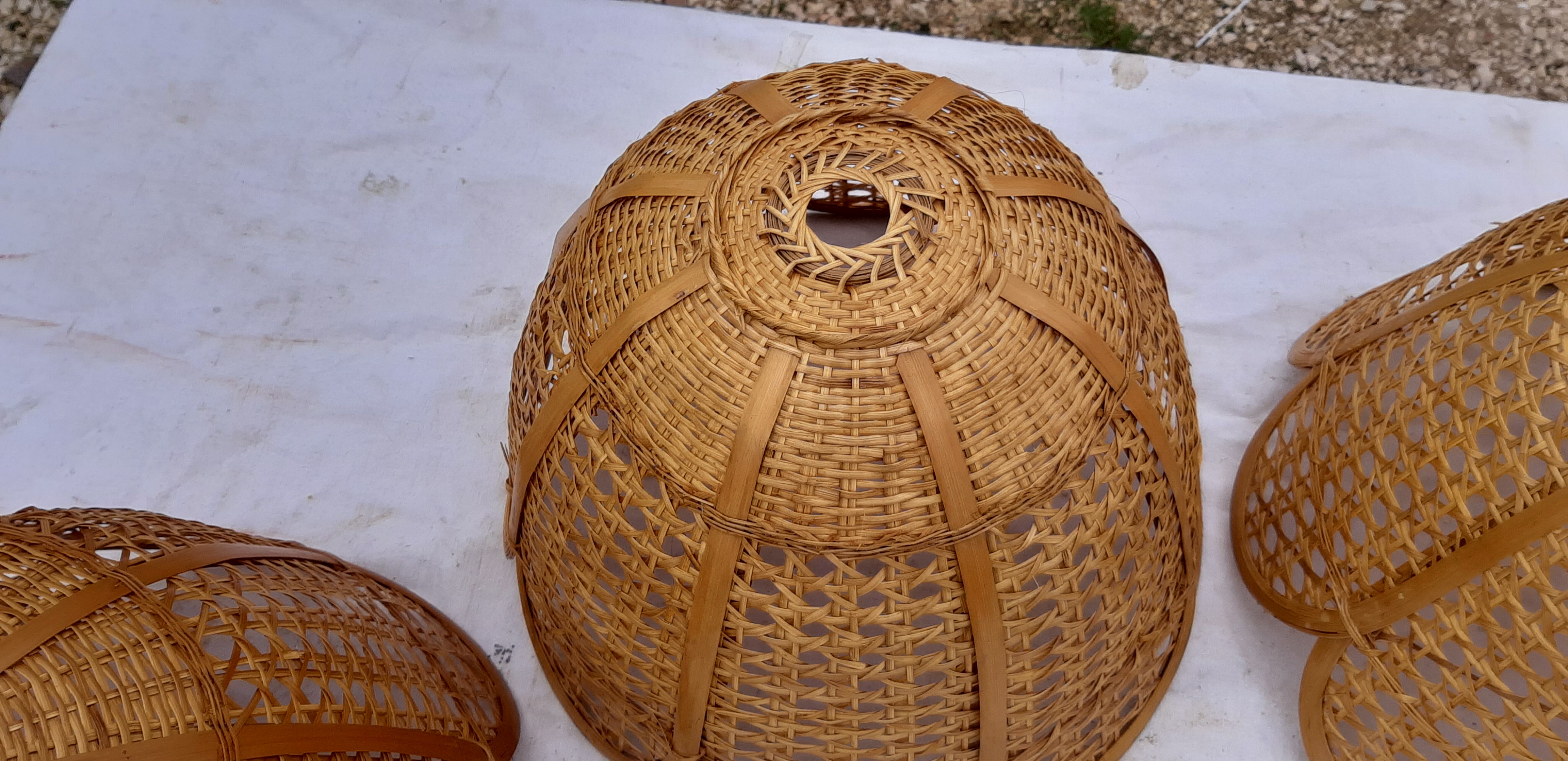 Set of 4 vintage wicker pendant lamps