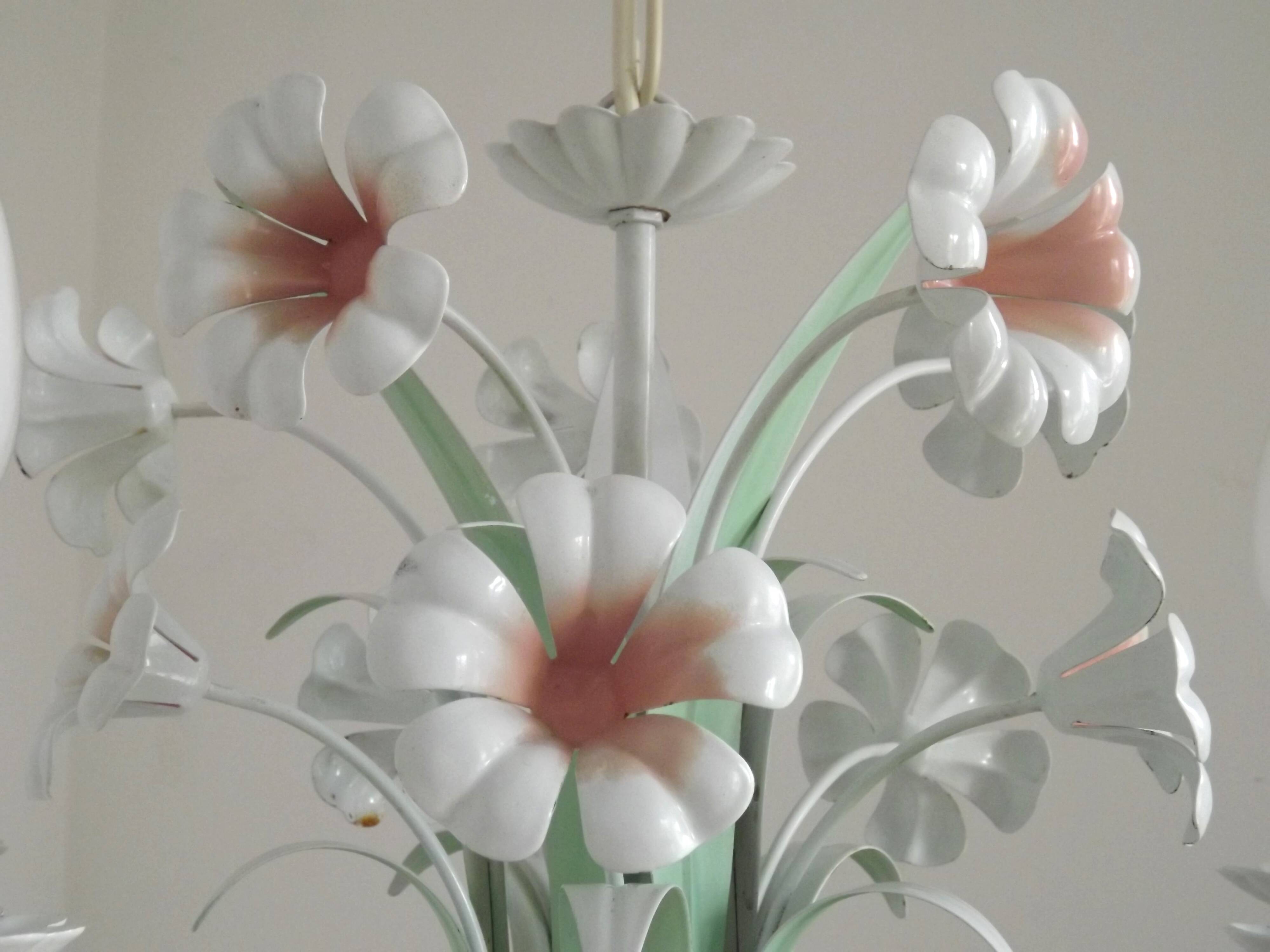 French Vintage 5 Light White Metal Chandelier With Pretty Pink Flowers