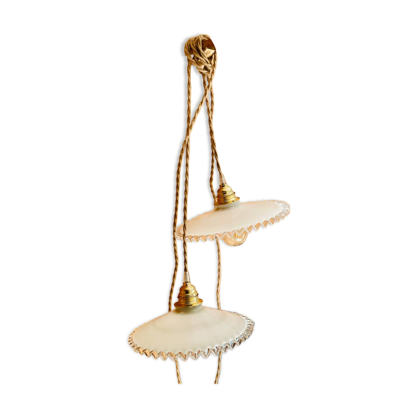 Pair of lace-edged opaline portable lamps with cord wire