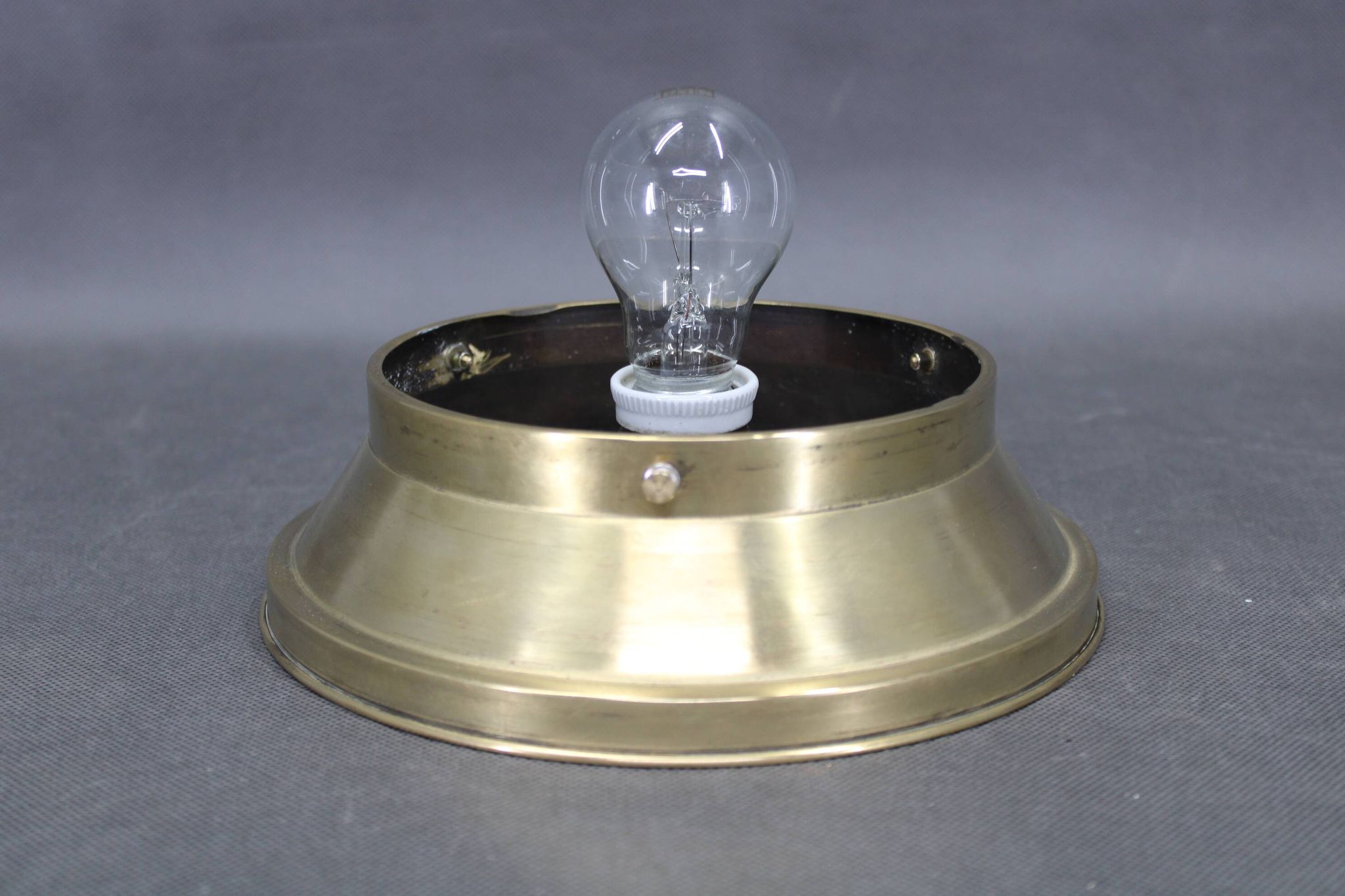 1930s Art Deco brass ceiling light with opaline glass shade, Czechoslovakia, Res