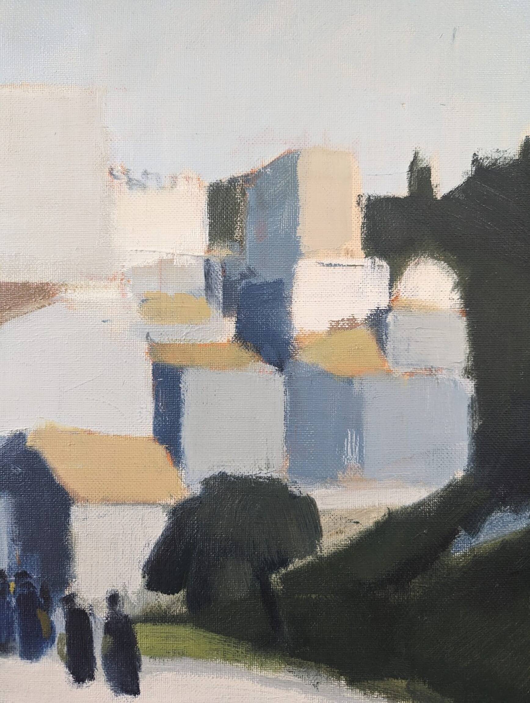 Mid-Century Modern "City Stroll" Vintage Swedish Cityscape Street Scene Oil Painting, Framed