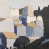 Peinture à l’huile de scène de rue de paysage urbain suédois vintage moderne du milieu du siècle « City Stroll », encadrée