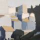 Peinture à l’huile de scène de rue de paysage urbain suédois vintage moderne du milieu du siècle « City Stroll », encadrée