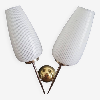 Double brass wall lamp from the 1960s - White glass globe