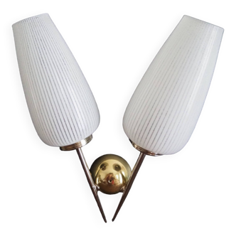 Double brass wall lamp from the 1960s - White glass globe