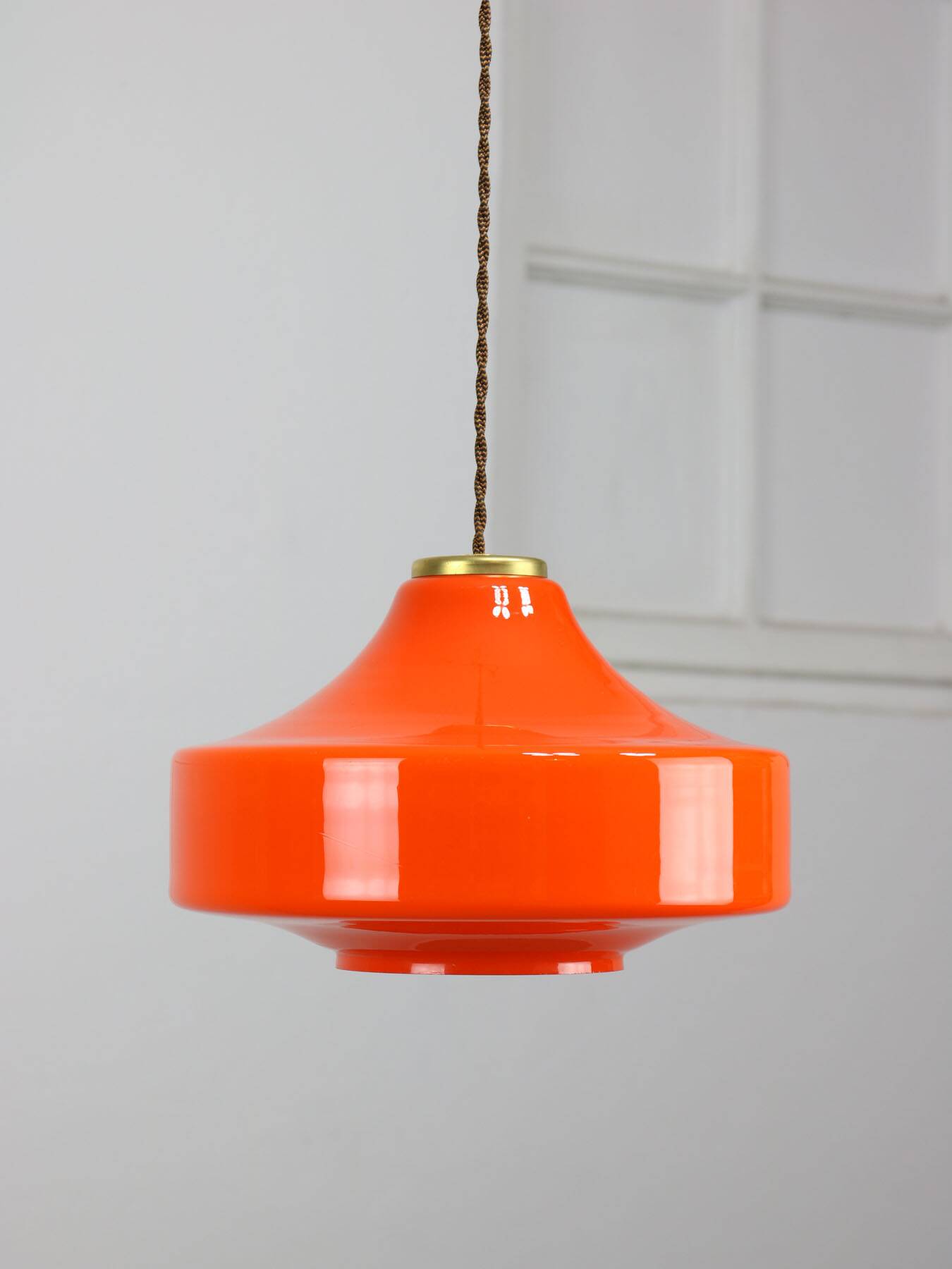 Mid-century italian orange glass & brass pendant lamp