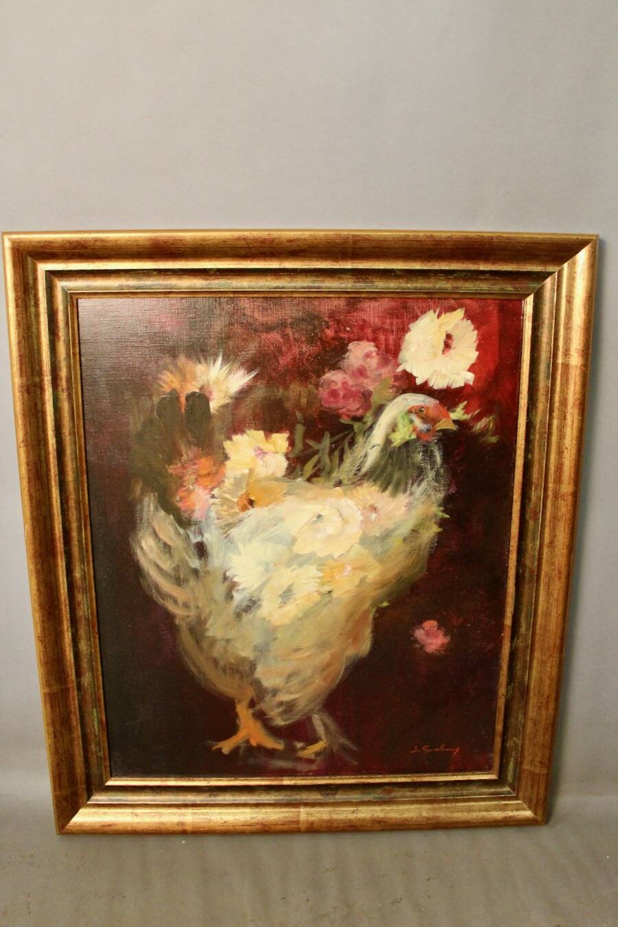 Oil on canvas with chicken and flowers decoration