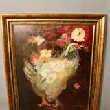 Oil on canvas with chicken and flowers decoration