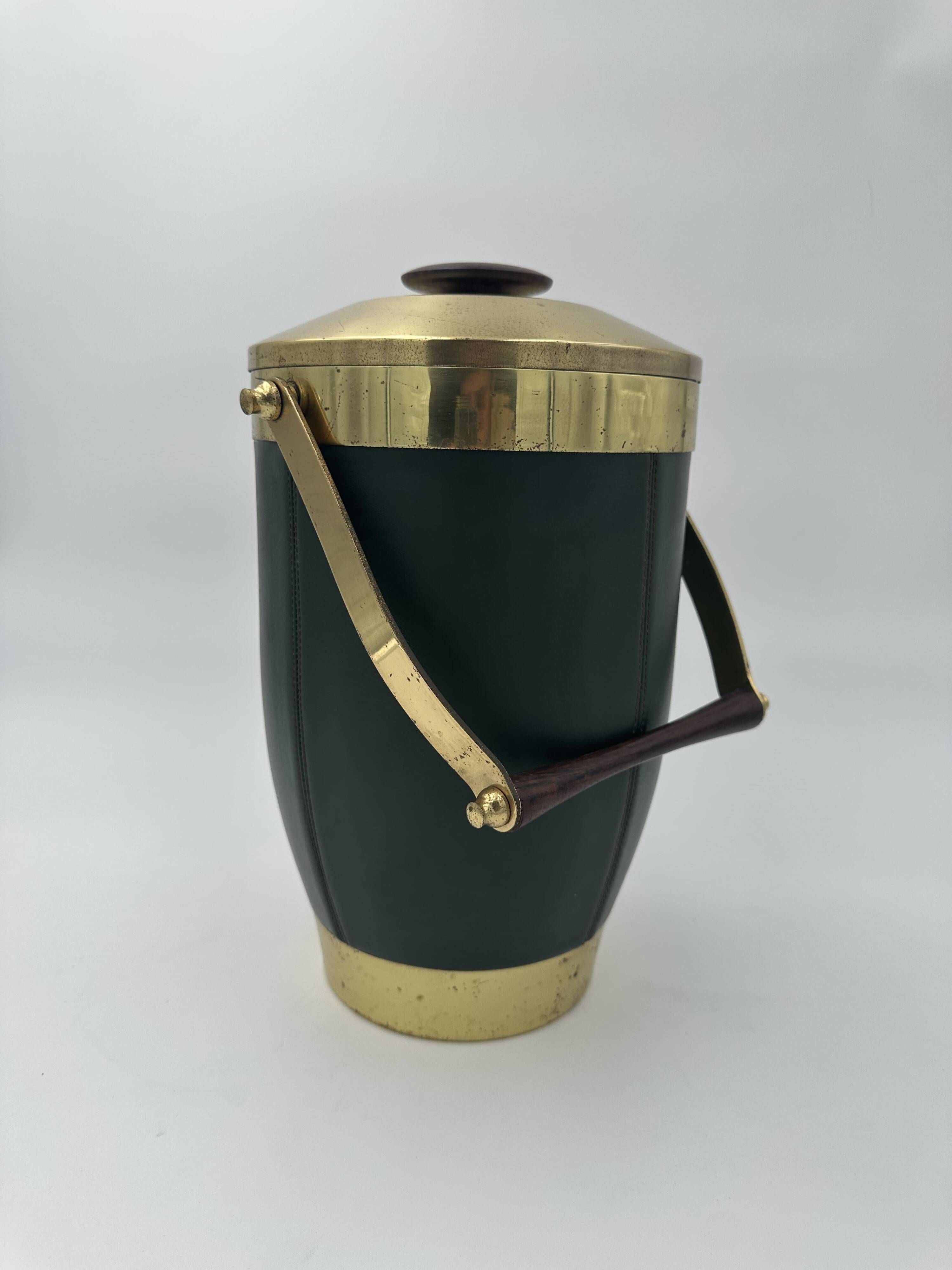 Green Leather and Brass Curved Handle Ice Bucket. Italian Work. V