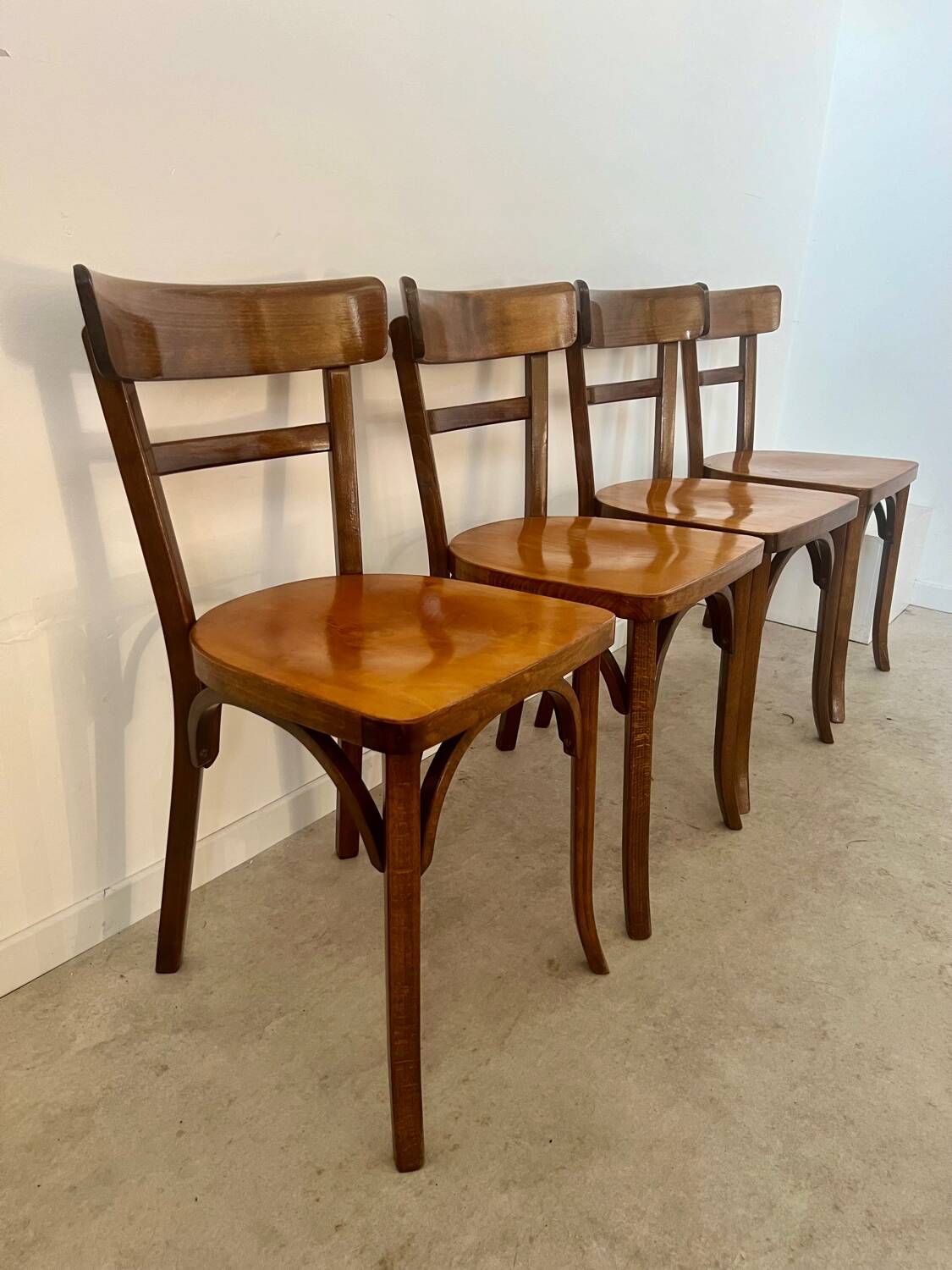 Set of 4 old vintage Baumann 50s wooden bistro chairs