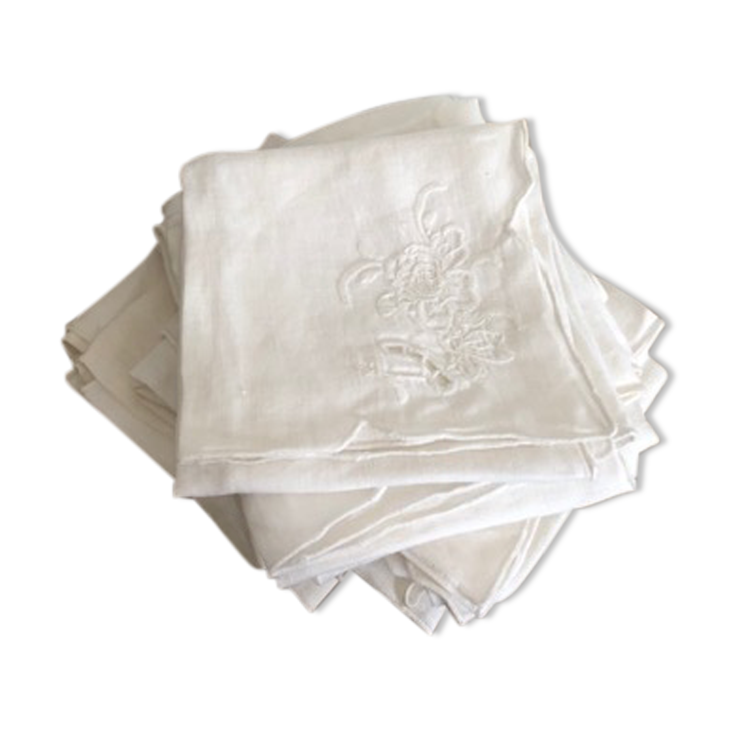 Set of 10 white and embroidered vintage napkins