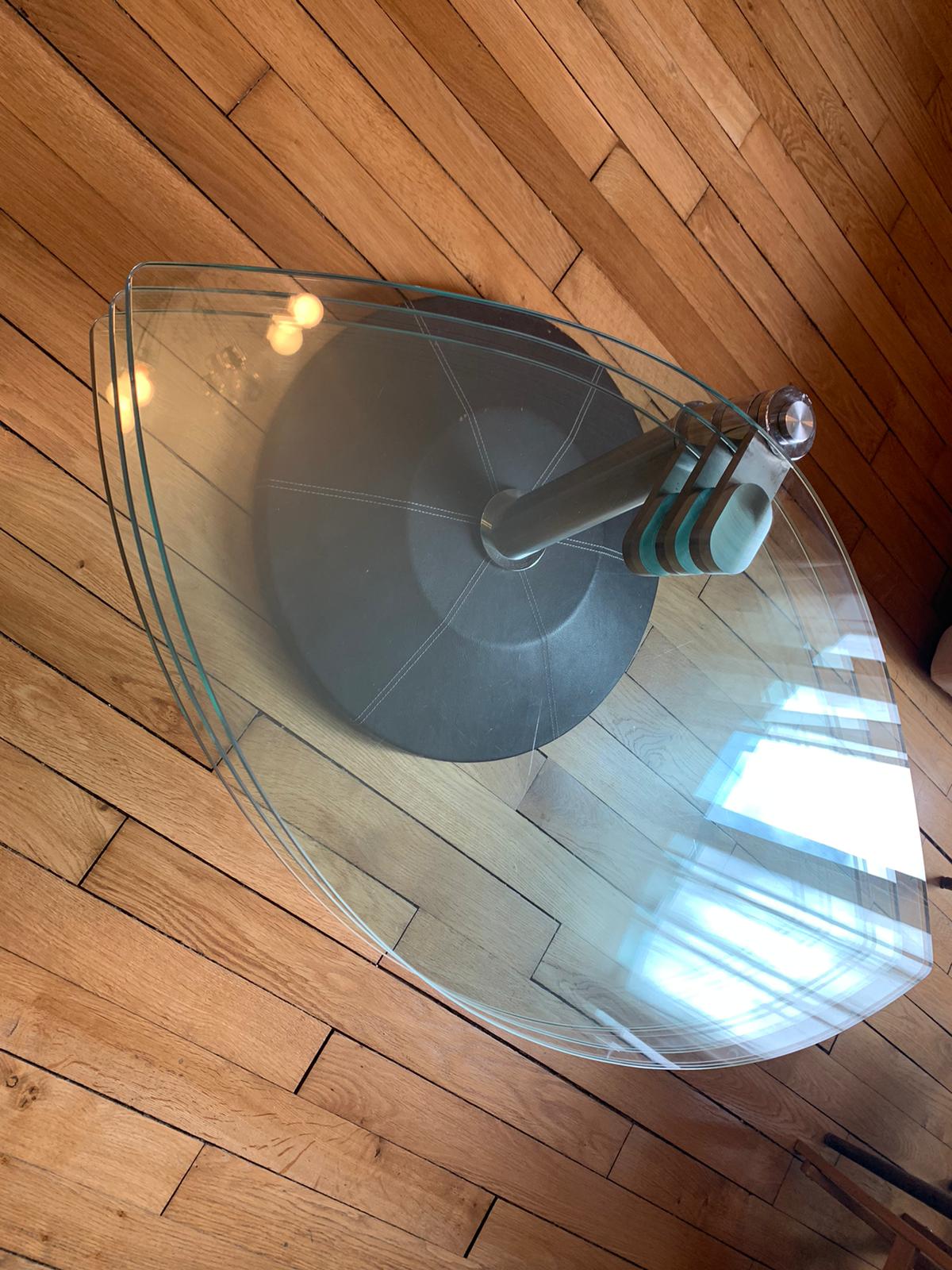 3-plate coffee table swivel steel and leather glass